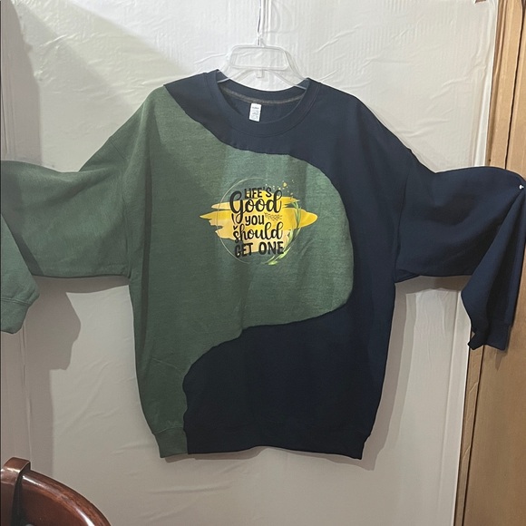 Upcycled Reworked blended 2 different Men's Crewneck Sweater in Green and Navy.